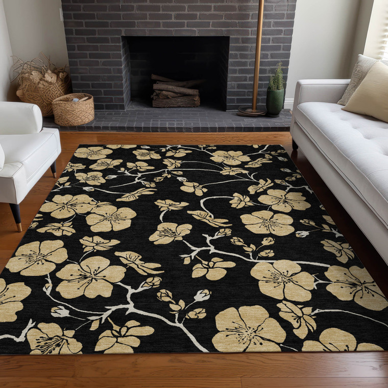 5' X 8' Black And Gold Floral Washable Indoor Outdoor Area Rug