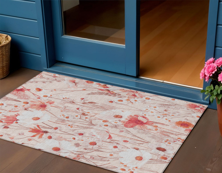 3' X 5' Salmon And Coral Floral Washable Indoor Outdoor Area Rug