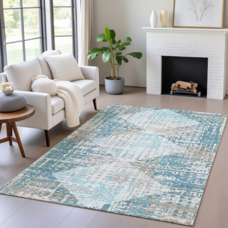 5' X 8' Teal Blue And Beige Geometric Washable Indoor Outdoor Area Rug - 880016528343