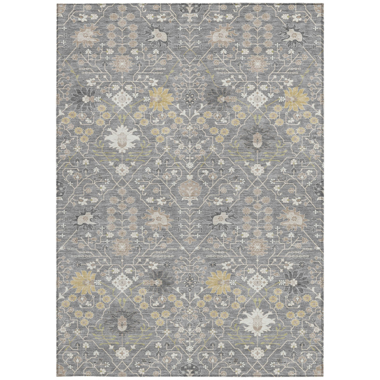 3' X 5' Gray Gold And Ivory Oriental Washable Indoor Outdoor Area Rug