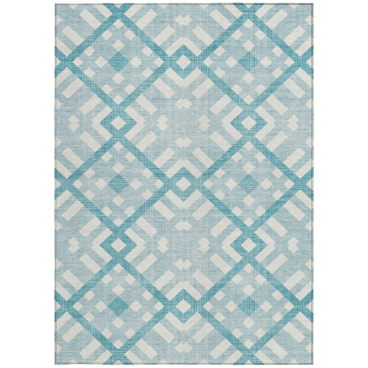 3' X 5' Teal Blue Aqua And Ivory Geometric Washable Indoor Outdoor Area Rug