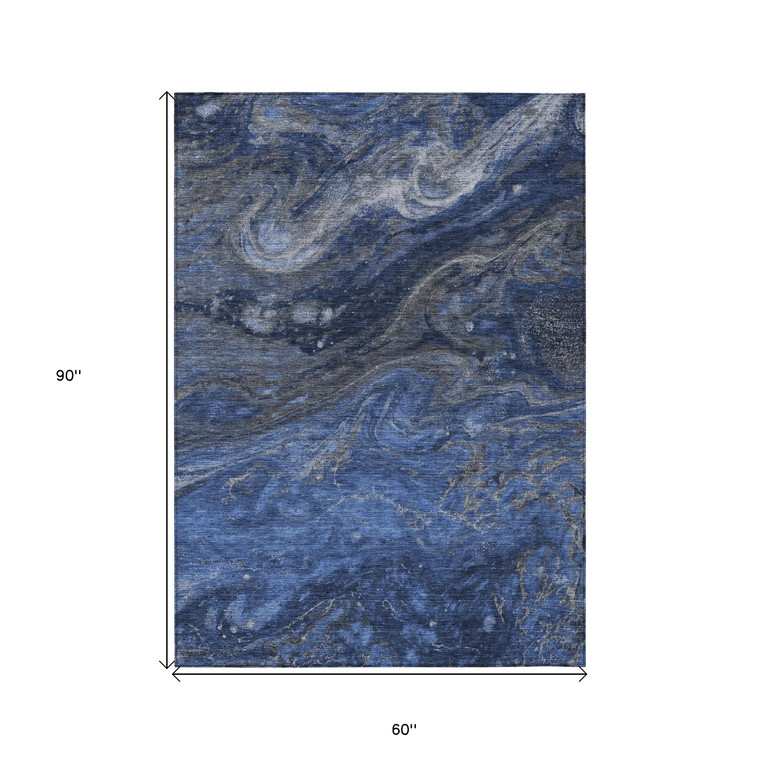 5' X 8' Denim Blue And Sky Blue Abstract Washable Indoor Outdoor Area Rug Transitional Style - Denim Blue, Sky Blue Color