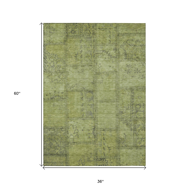 3' X 5' Fern Green And Artichoke Green Patchwork Washable Indoor Outdoor Area Rug