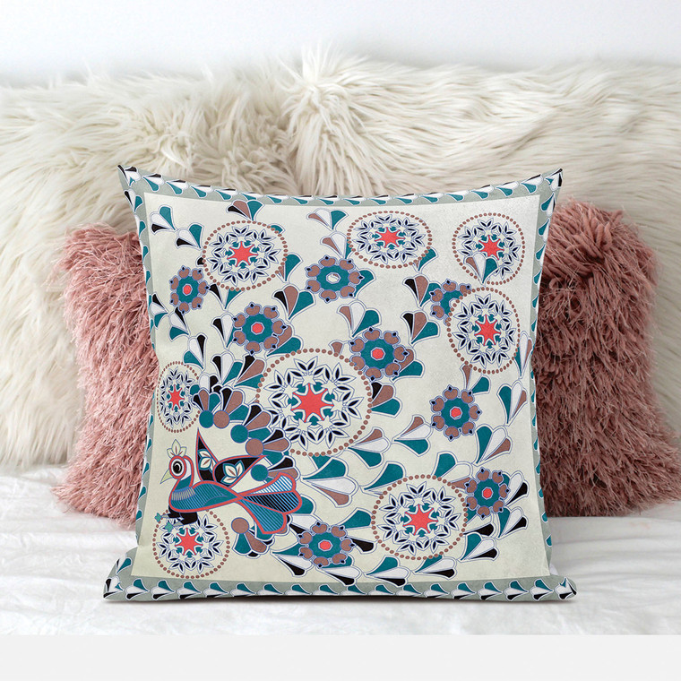 26" x 26" Off White Peacock Blown Seam Floral Indoor Outdoor Throw Pillow Premium Quality