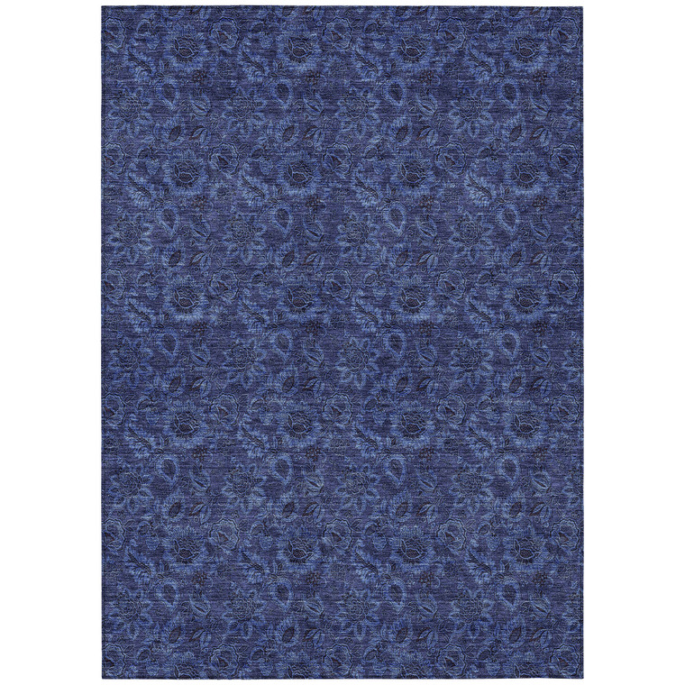 5' X 8' Navy Blue And Charcoal Floral Washable Indoor Outdoor Area Rug