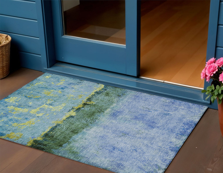 3' X 5' Blue And Lime Green Abstract Washable Indoor Outdoor Area Rug