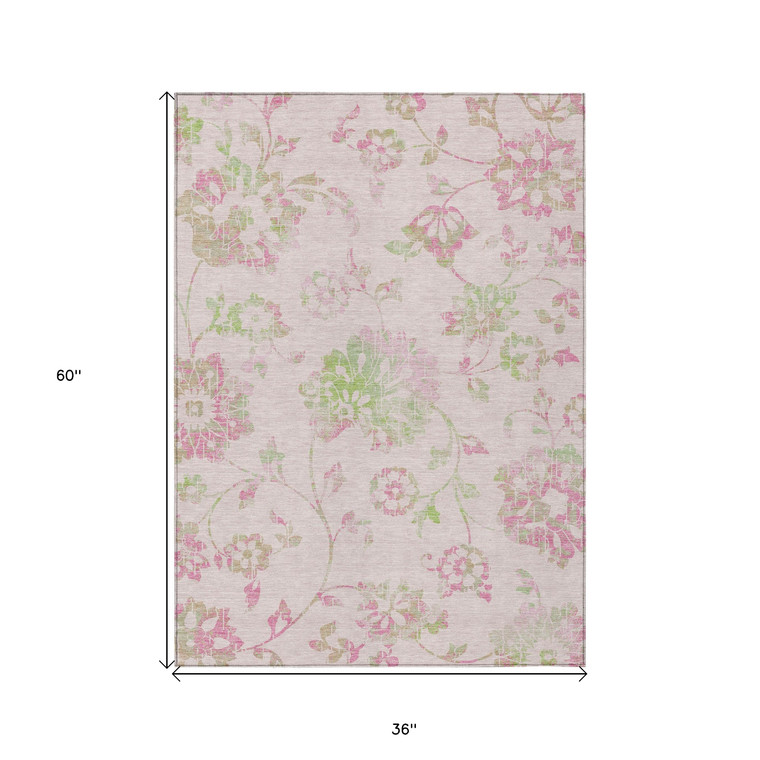 3' X 5' Pink Blush And Artichoke Green Floral Washable Indoor Outdoor Area Rug
