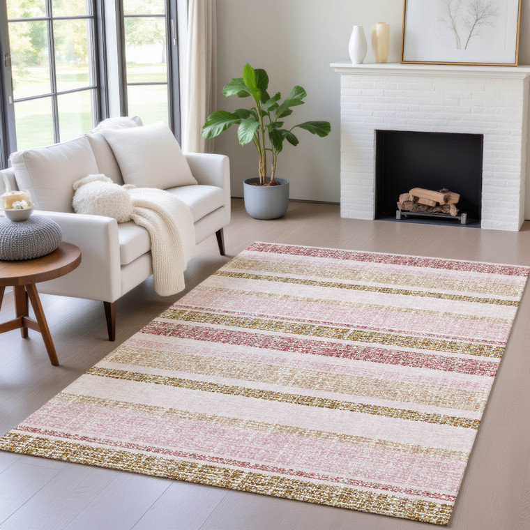 5' X 8' Pink And Beige Striped Washable Indoor Outdoor Area Rug - Pink, Beige