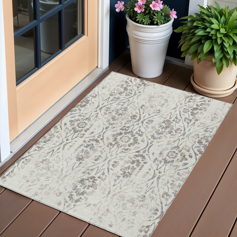 3' X 5' Ivory And Brown Floral Washable Indoor Outdoor Area Rug