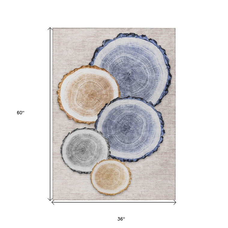 3' X 5' Beige Blue and Gold Faux Bois Washable Non Skid Indoor Outdoor Area Rug