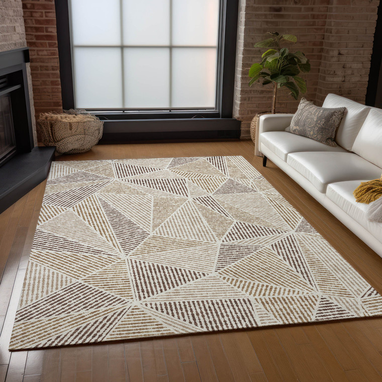 3' X 5' Brown Taupe And Beige Geometric Washable Indoor Outdoor Area Rug