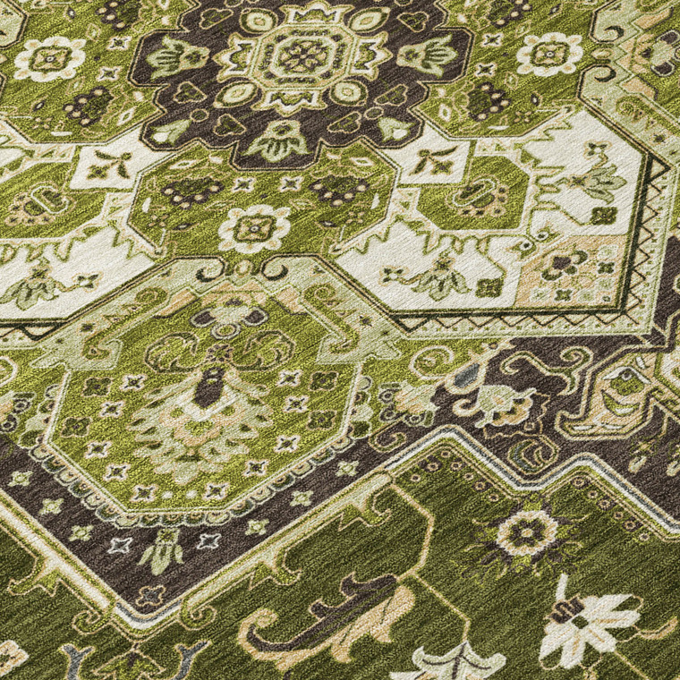 5' X 8' Olive Green Ivory And Brown Oriental Washable Indoor Outdoor Area Rug