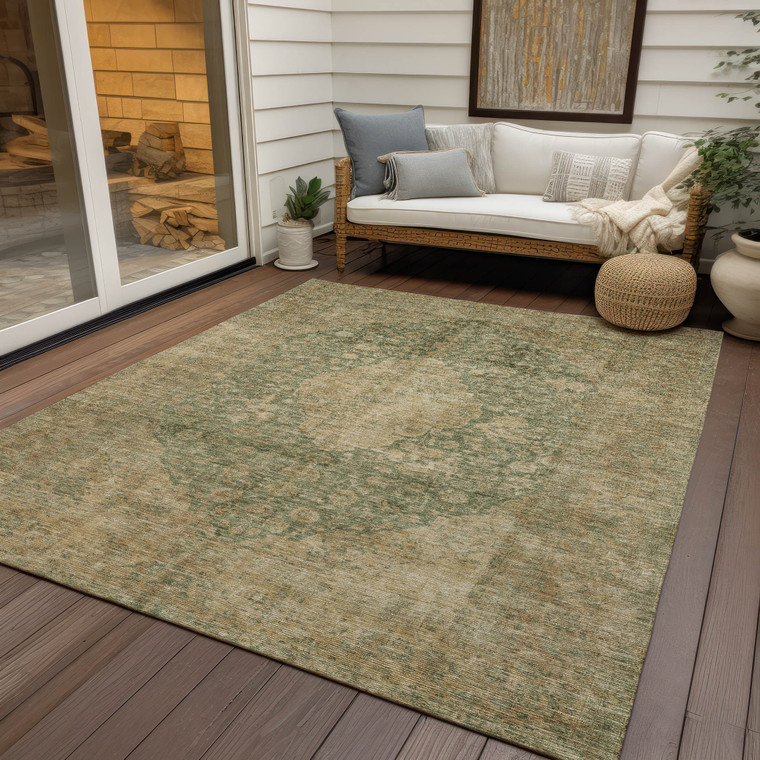 3' X 5' Artichoke Green And Beige Medallion Washable Indoor Outdoor Area Rug - Artichoke Green, Beige