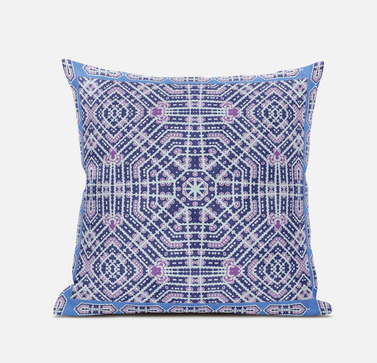 16" X 16" Indigo And Pink Blown Seam Geometric Indoor Outdoor Throw Pillow Home Accent