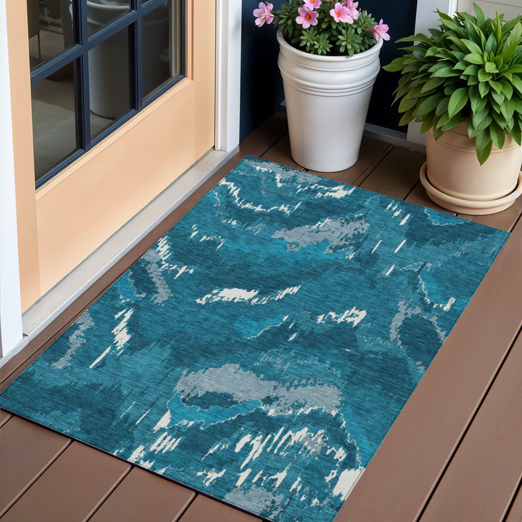 3' X 5' Navy Blue And Teal Blue Abstract Washable Indoor Outdoor Area Rug