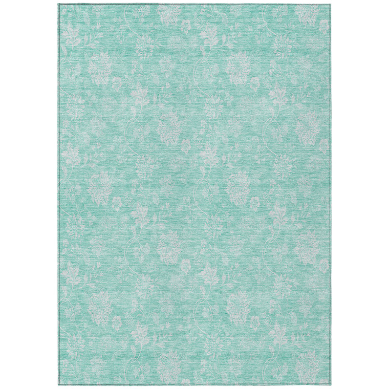 5' X 8' Aqua And Ivory Floral Washable Indoor Outdoor Area Rug