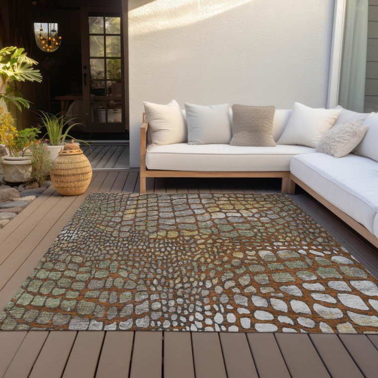 5' X 8' Copper Gold And Brown Abstract Washable Indoor Outdoor Area Rug