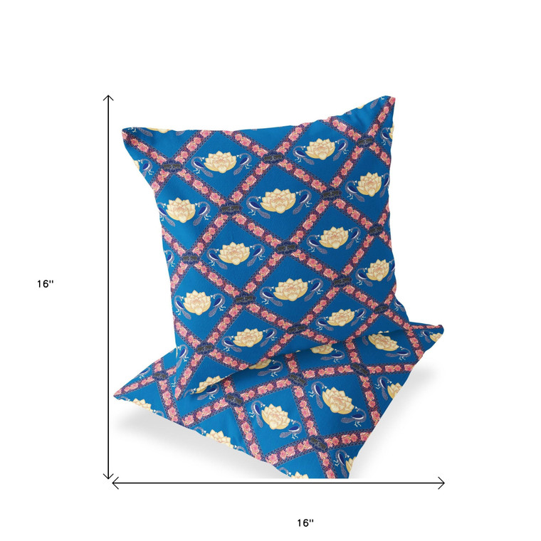 Set of Two 16" X 16" Blue and Pink Peacock Blown Seam Floral Indoor Outdoor Throw Pillow Polyester Modern Style