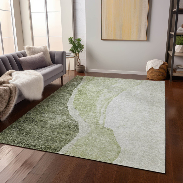 3' X 5' Olive Green And Beige Abstract Washable Indoor Outdoor Area Rug