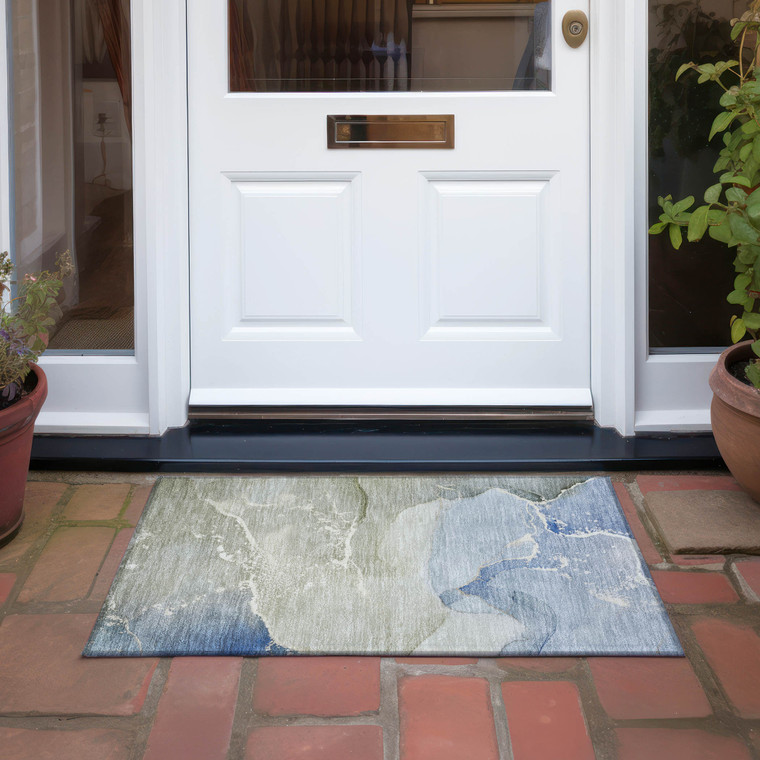 2' X 3' Blue and Green Abstract Washable Indoor Outdoor Area Rug - Blue, Green