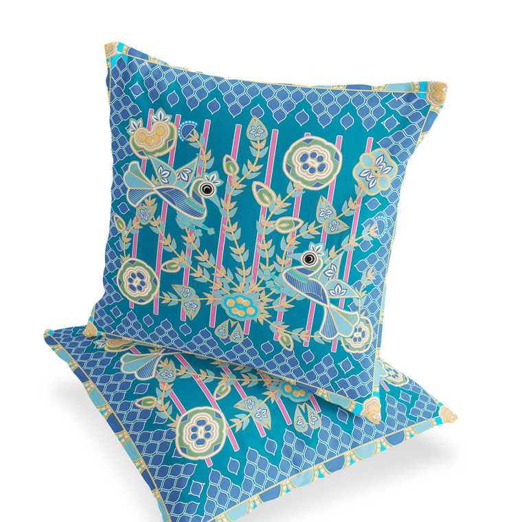 Set of Two 16" X 16" Blue and Green Peacock Blown Seam Floral Indoor Outdoor Throw Pillow