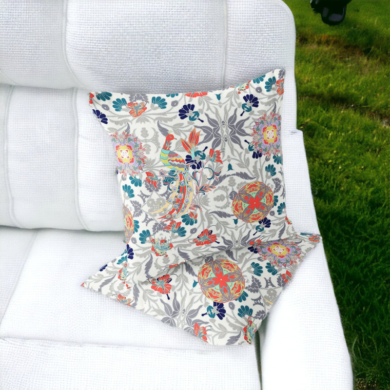 Set of Two 16" X 16" Orange and White Peacock Blown Seam Eclectic Indoor Outdoor Throw Pillow Polyester