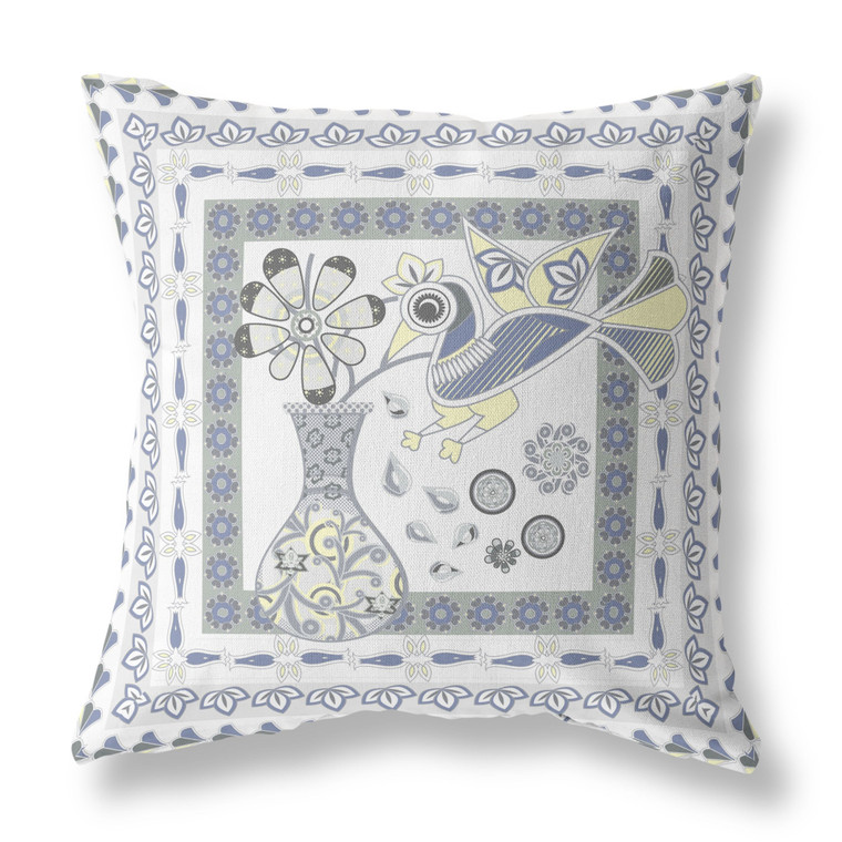 26" X 26" Gray and White Peacock Blown Seam Floral Indoor Outdoor Throw Pillow Polyester and Cotton Blend