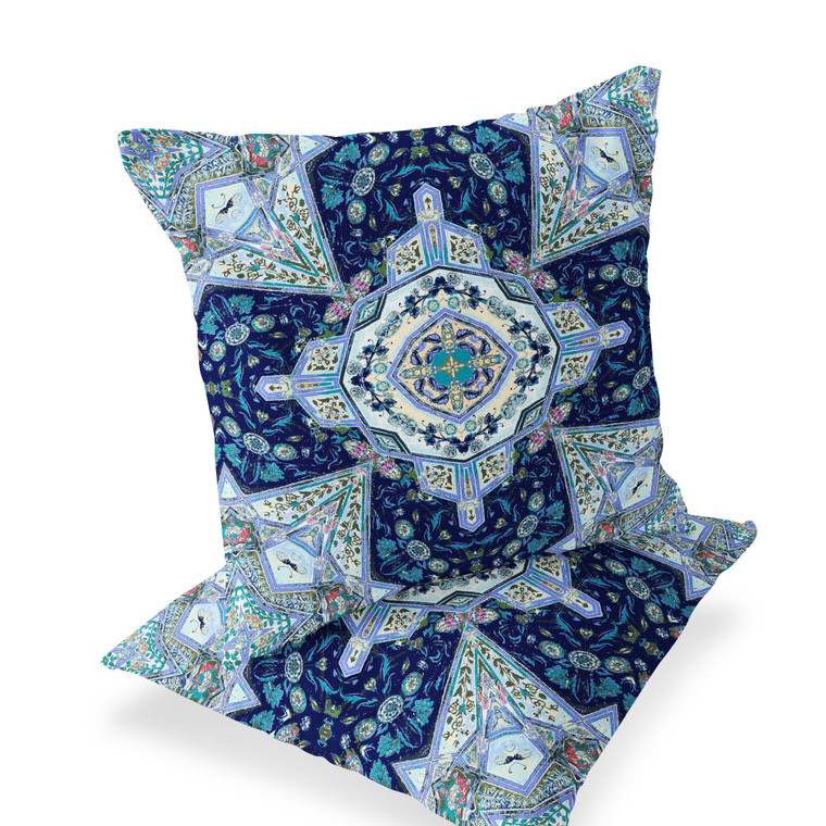 Durable Set of Two 16" X 16" Blue and Green Blown Seam Floral Indoor Outdoor Throw Pillow for Living Room Bedroom Offices