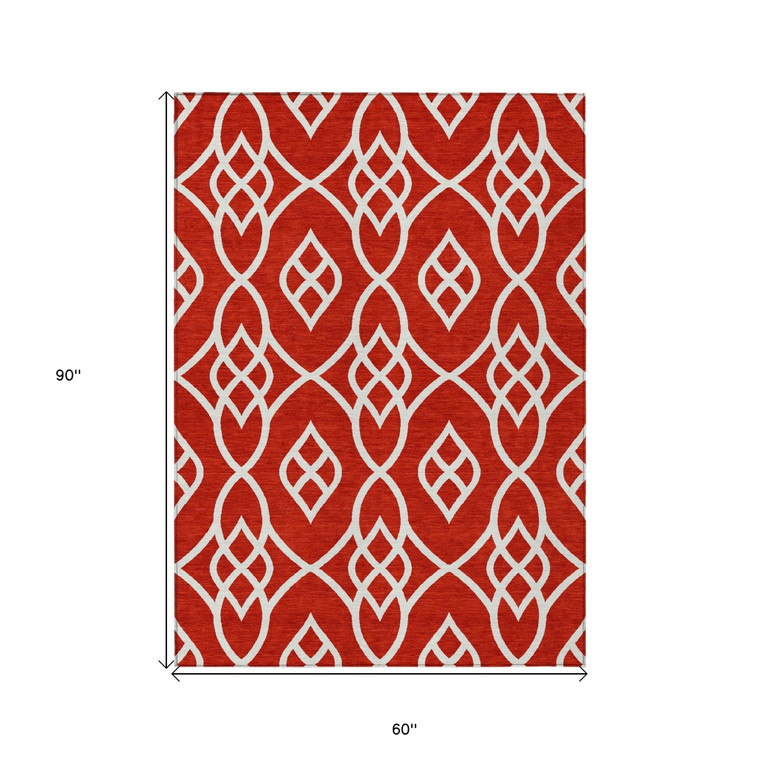 5' X 8' Red And Ivory Trellis Washable Indoor Outdoor Area Rug