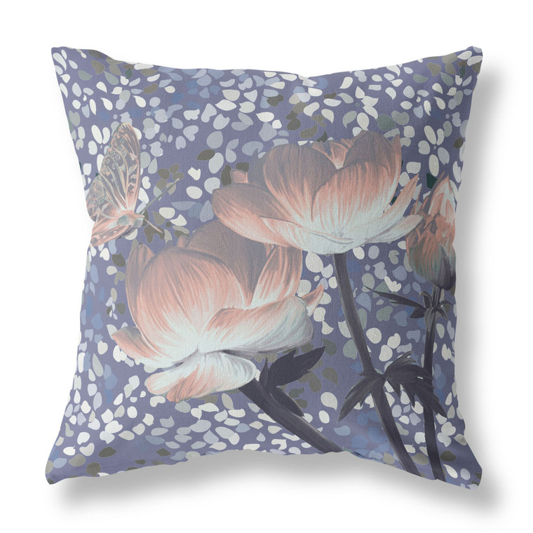 20" X 20" Blue and Gray Butterfly Blown Seam Floral Indoor Outdoor Throw Pillow Polyester and Cotton Blend