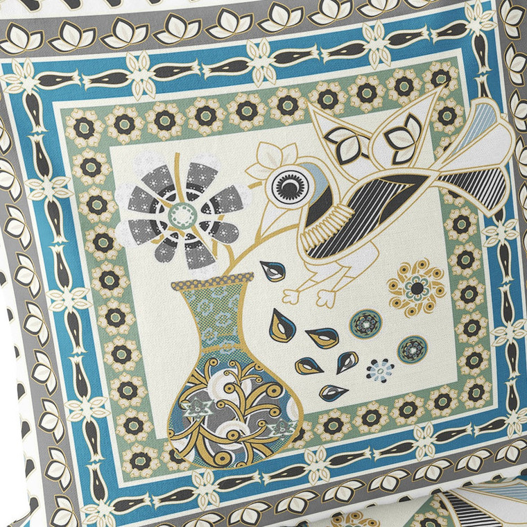 Set of Two 16" X 16" Green and Yellow Peacock Blown Seam Floral Indoor Outdoor Throw Pillow Polyester Home Accent