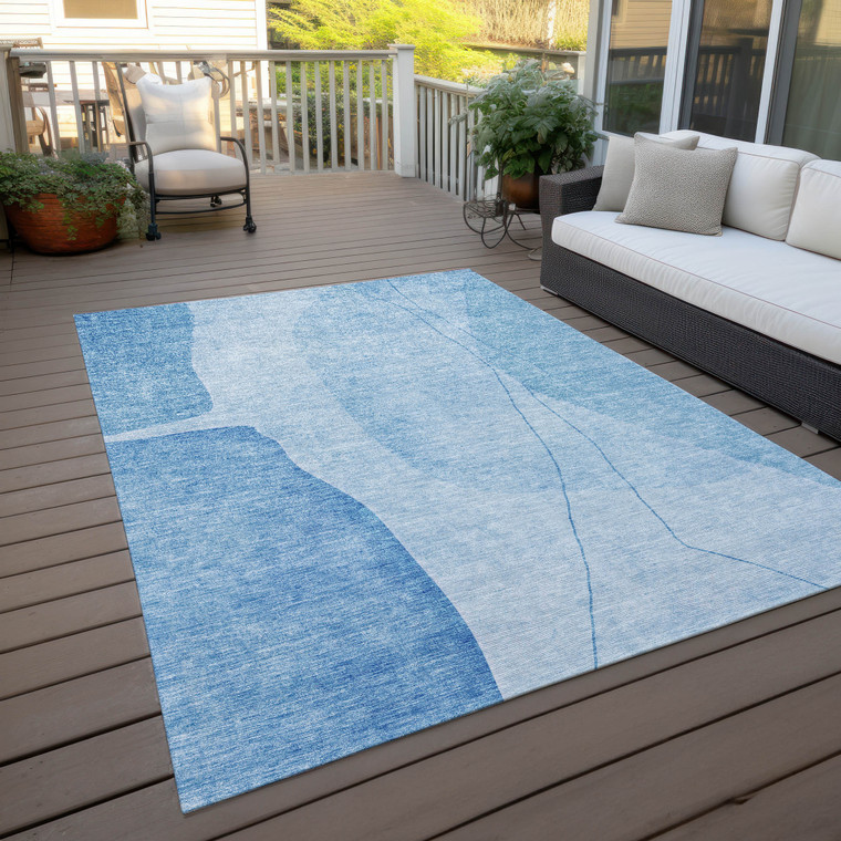 3' X 5' Denim Blue And Sky Blue Abstract Washable Indoor Outdoor Area Rug Transitional Style - Denim Blue, Sky Blue Color