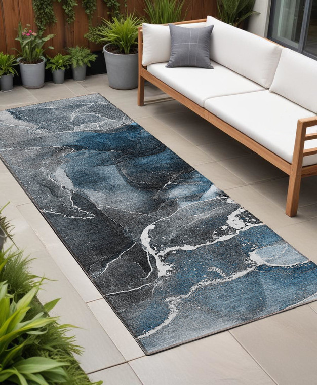 8' Ivory Blue And Gray Abstract Washable Indoor Outdoor Runner Rug