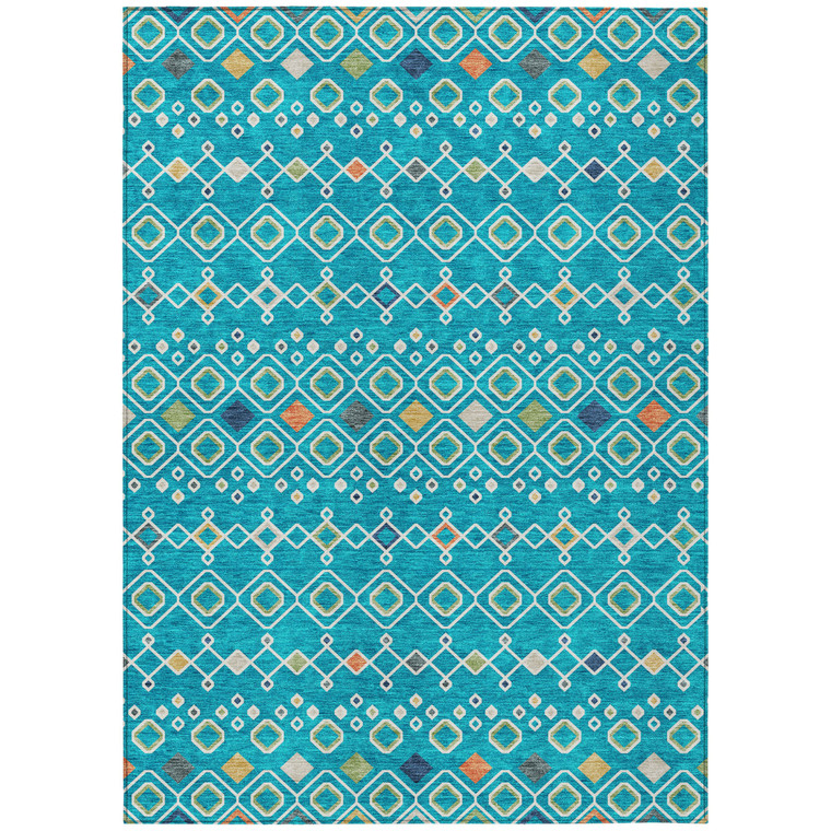 5' X 8' Teal Blue Ivory And Gold Geometric Washable Indoor Outdoor Area Rug - Teal Blue, Ivory, Gold