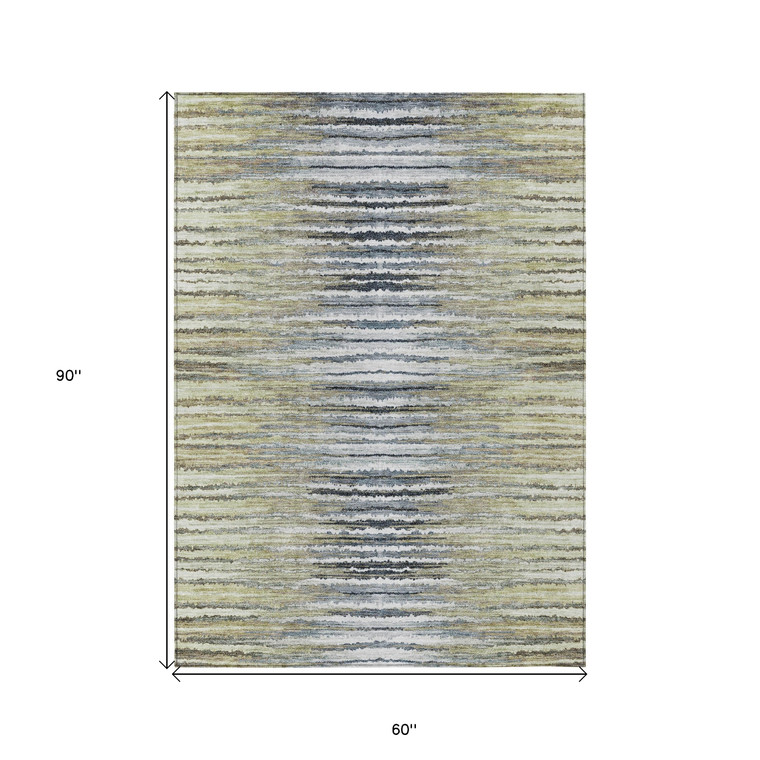 5' X 8' Beige Tan And Taupe Striped Washable Indoor Outdoor Area Rug
