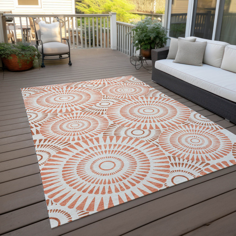 5' X 8' Coral And Ivory Geometric Washable Indoor Outdoor Area Rug