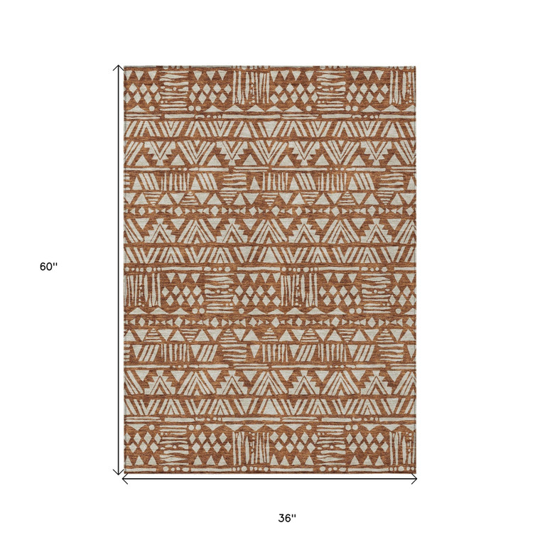 3' X 5' Terra Cotta And Beige Southwestern Washable Indoor Outdoor Area Rug - Terra Cotta, Beige
