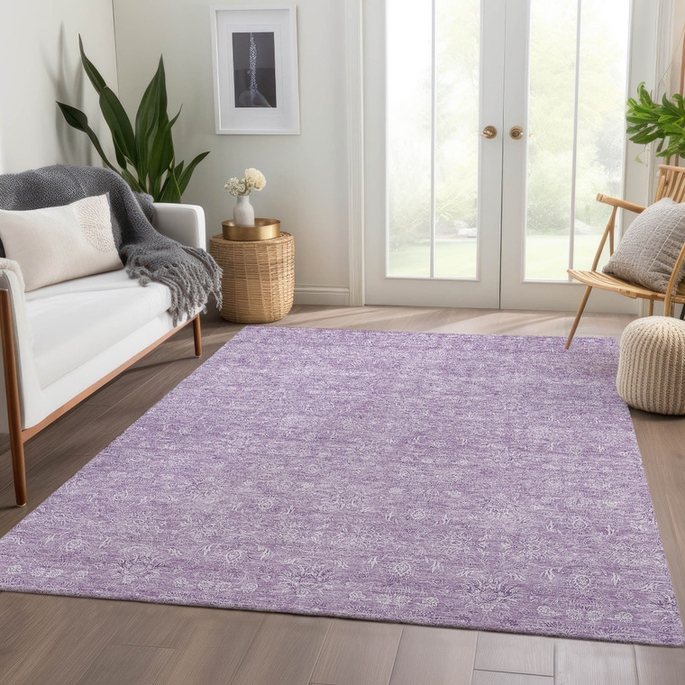 3' X 5' Lavender Lilac And Ivory Floral Washable Indoor Outdoor Area Rug