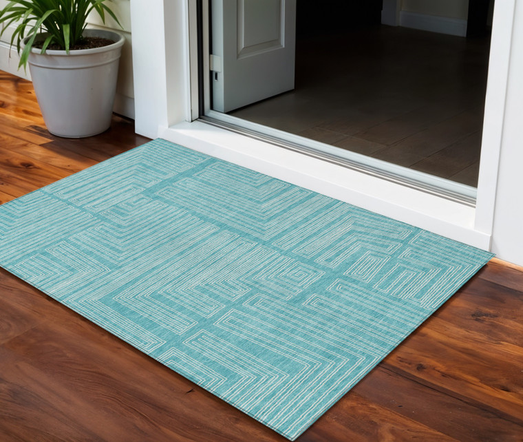3' X 5' Turquoise And Ivory Geometric Washable Indoor Outdoor Area Rug