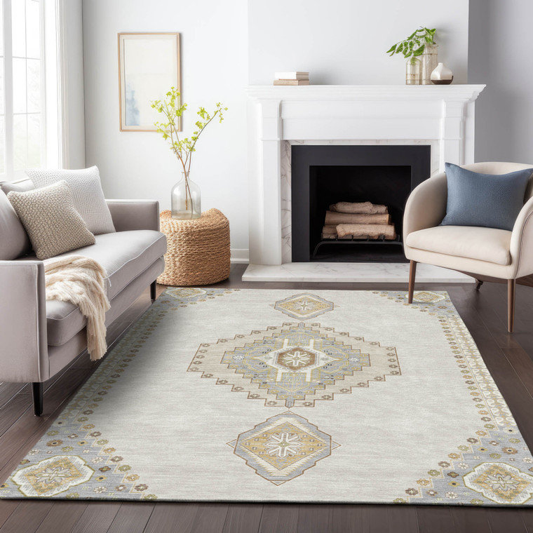 5' X 8' Ivory Gray And Brown Oriental Washable Indoor Outdoor Area Rug