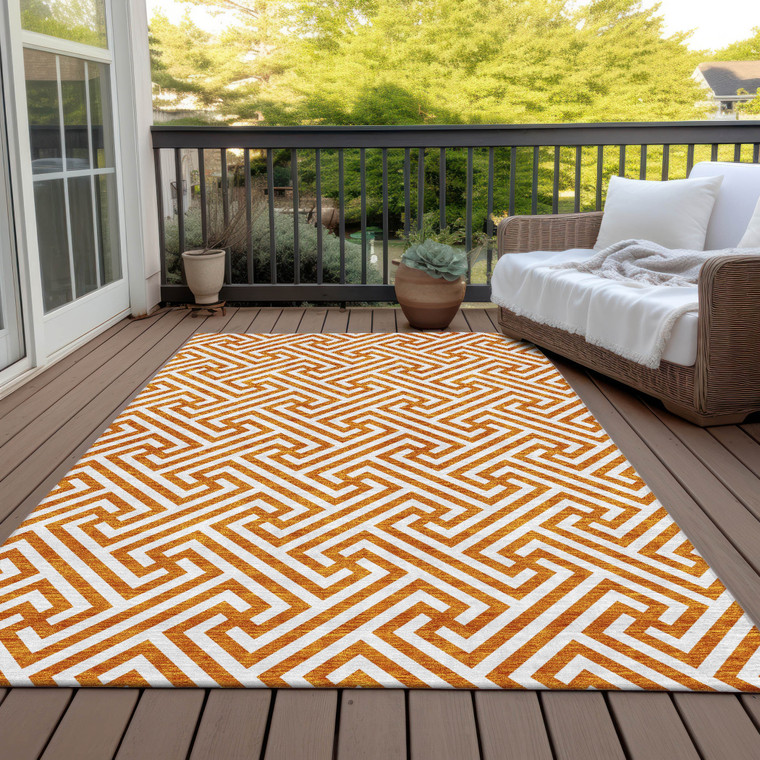 5' X 8' Orange And Ivory Geometric Washable Indoor Outdoor Area Rug Transitional Style - Orange, Ivory Color