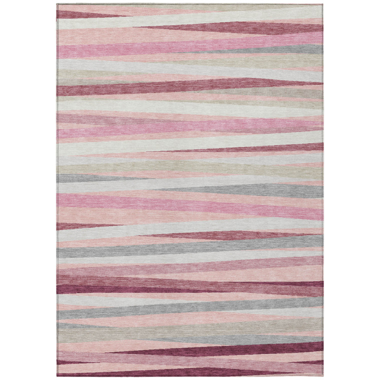 5' X 8' Pink Ivory And Gray Striped Washable Indoor Outdoor Area Rug