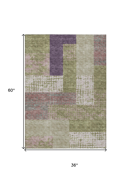 3' X 5' Green Purple And Pink Geometric Washable Indoor Outdoor Area Rug