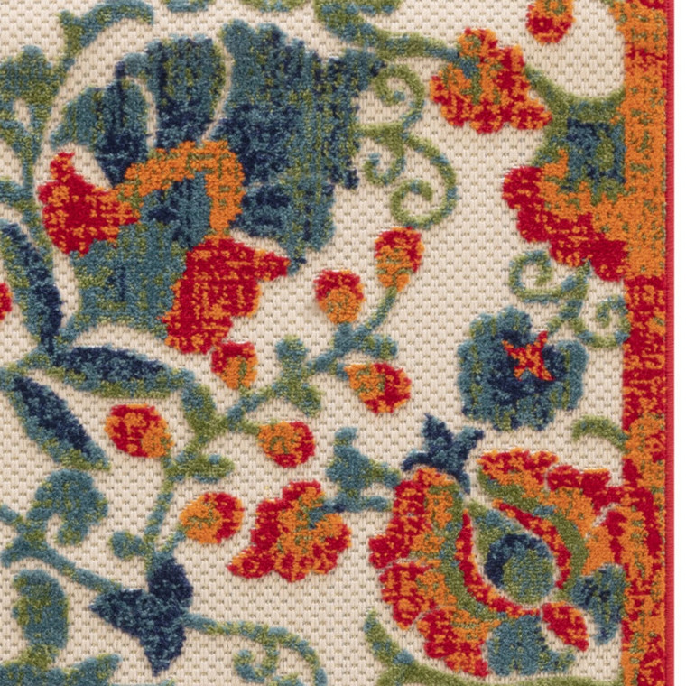 8' Ivory Orange Blue And Green Floral Indoor Outdoor Runner Rug - Ivory, Orange, Blue, Green