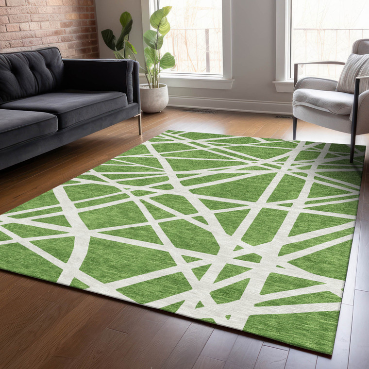 3' X 5' Green And Ivory Geometric Washable Indoor Outdoor Area Rug Transitional Style - Green, Ivory Color