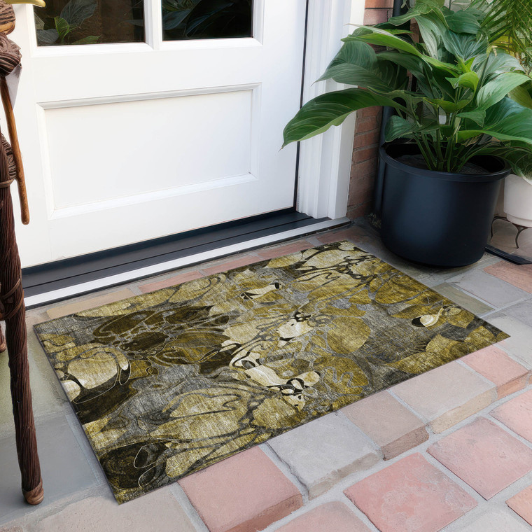 2' X 3' Green and Brown Abstract Washable Indoor Outdoor Area Rug
