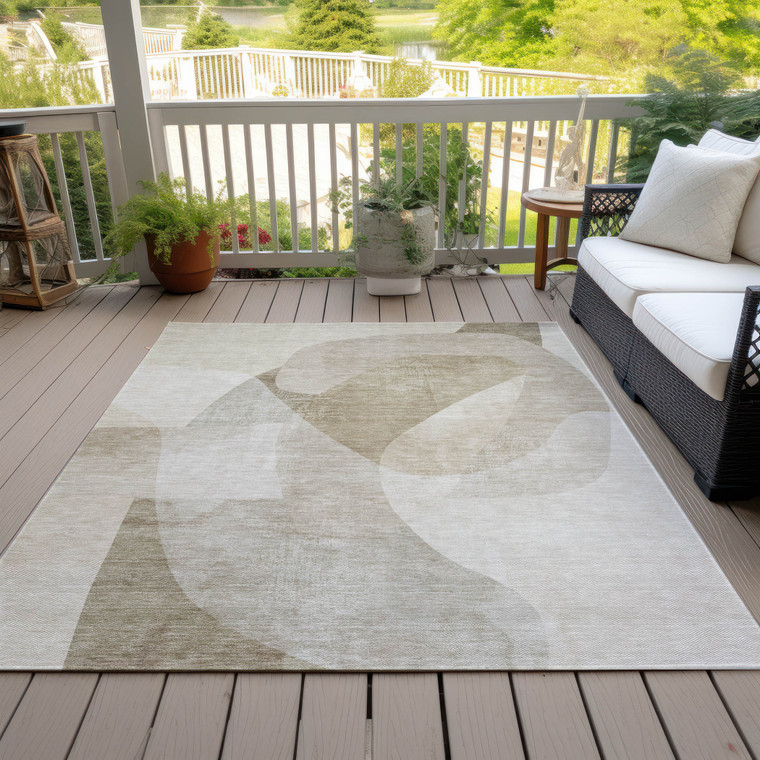 5' X 8' Beige And Taupe Abstract Washable Indoor Outdoor Area Rug - Beige, Taupe