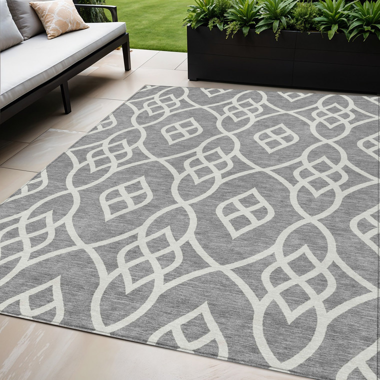 5' X 8' Gray And Ivory Trellis Washable Indoor Outdoor Area Rug