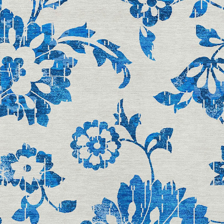 5' X 8' White And Denim Blue Floral Washable Indoor Outdoor Area Rug