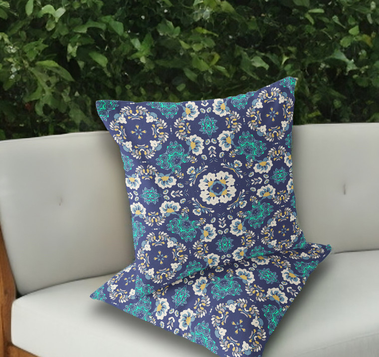 Set of Two 18" Blue Botanical Indoor Outdoor Throw Pillow Cover and Insert Polyester Home Accent